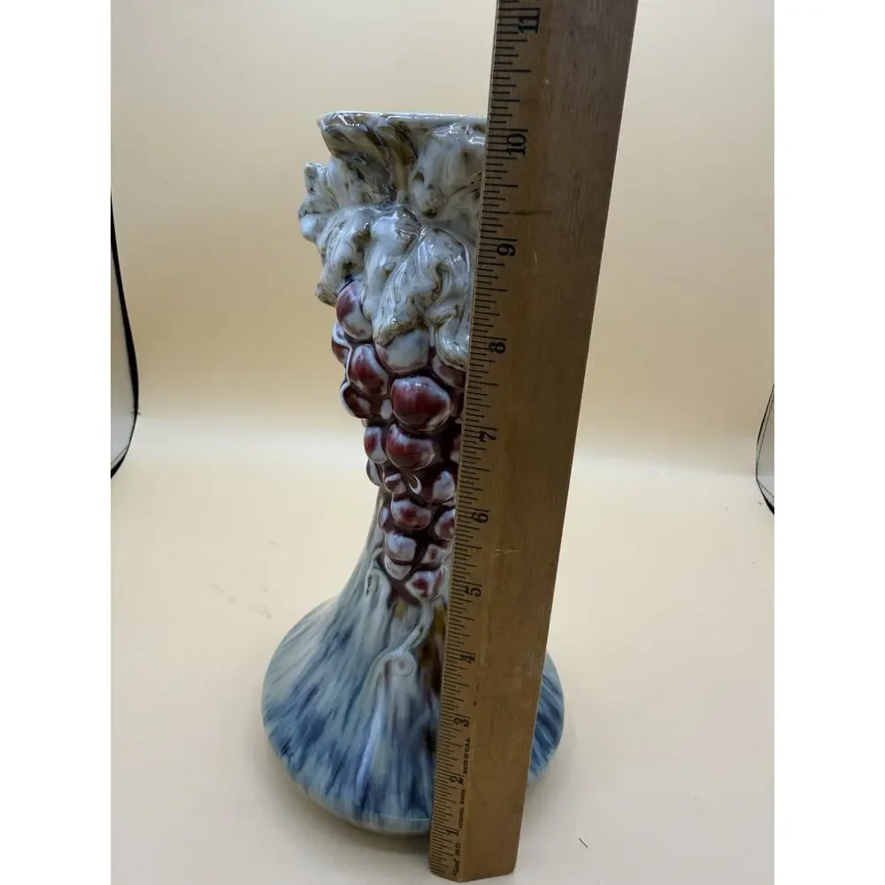 Vintage Majolica Style Grape Cluster Vase Blue Drip Glaze Art Pottery 9.5”